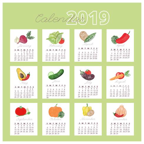 Calendrier des légumes à l&#39;aquarelle 2019 vecteur