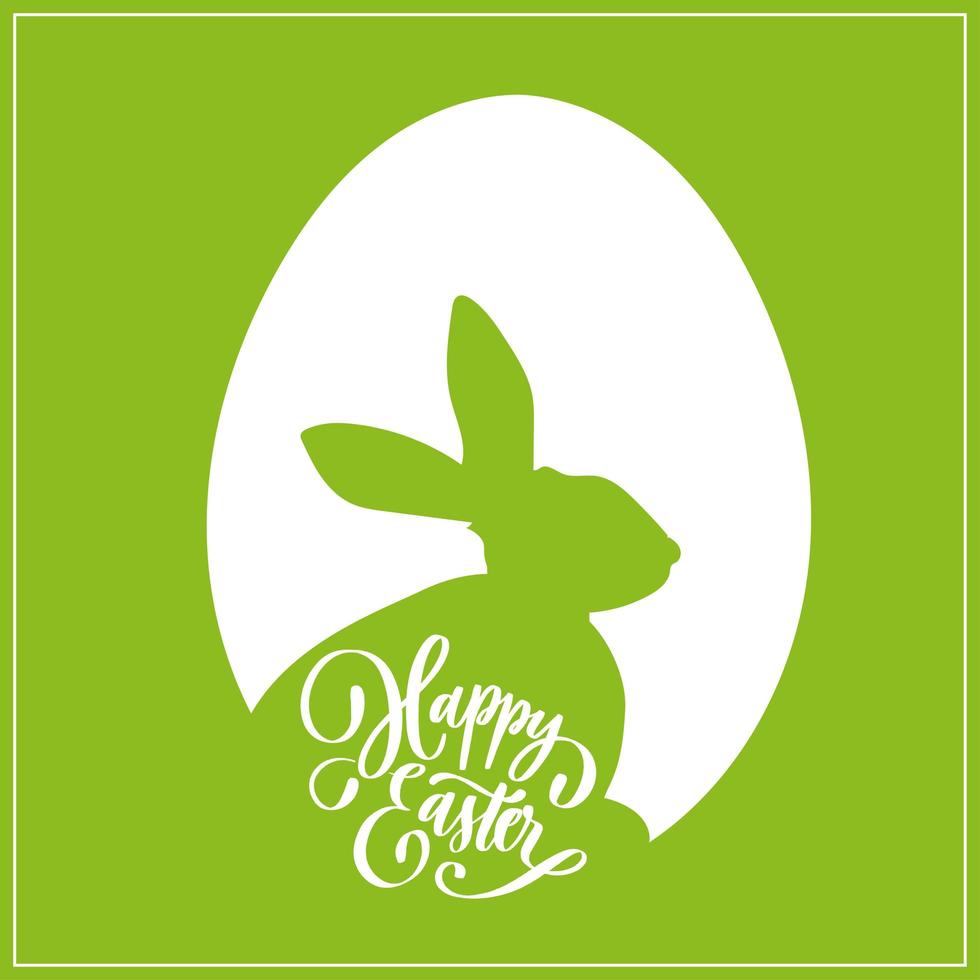 fond vert de pâques avec oeuf réaliste, silhouette de lapin et lettrage. vecteur