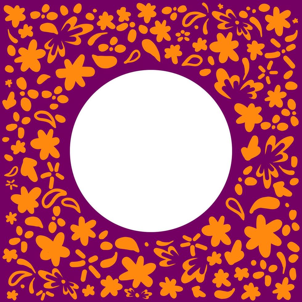 cadre floral fleurs orange sur fond violet. image vectorielle avec place ronde pour le texte. vecteur