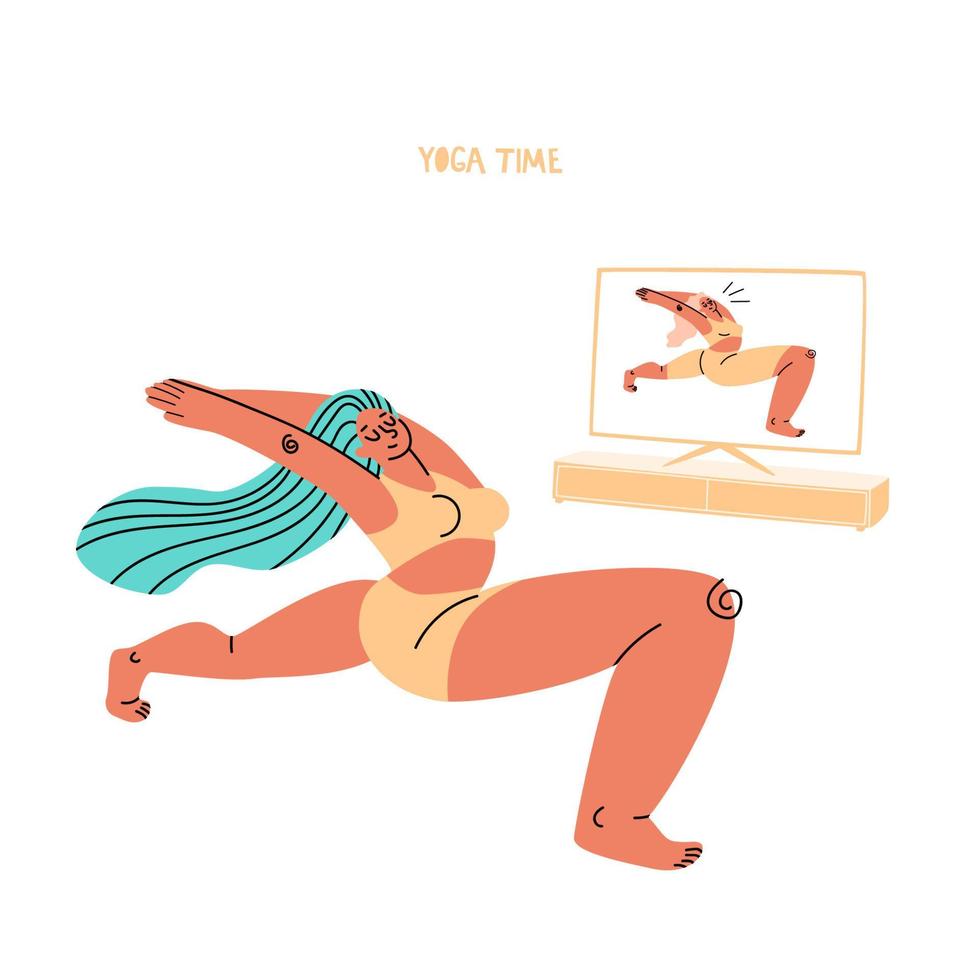 jolie fille de dessin animé s'entraîne à la maison à une leçon de yoga en ligne à la télévision. une jeune femme aux cheveux turquoise en tenue d'entraînement fait un asana. concept en ligne d'entraînement à domicile. vecteur