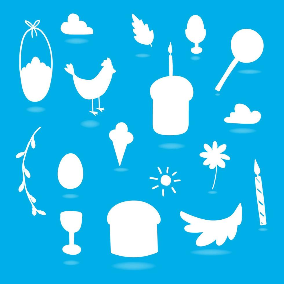 dessin animé pâques scénographie. silhouette de pâques sur fond bleu. crème glacée vectorielle, gâteau de pâques, panier avec des œufs, bonbons, sucette, bougie, saule, vecteur