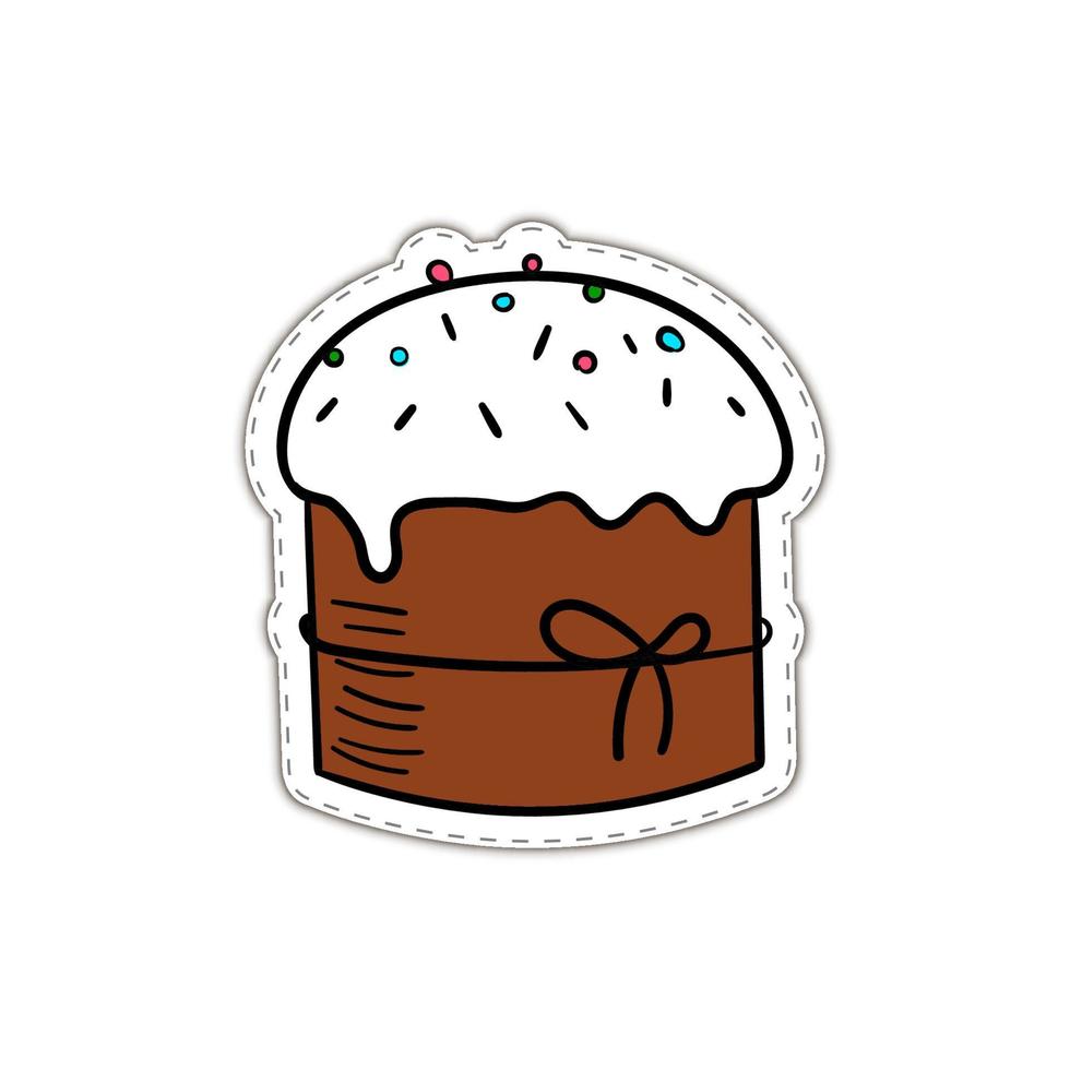joli gâteau de pâques avec un arc sur fond blanc. autocollant de gâteau de Pâques coloré avec contour noir. vecteur