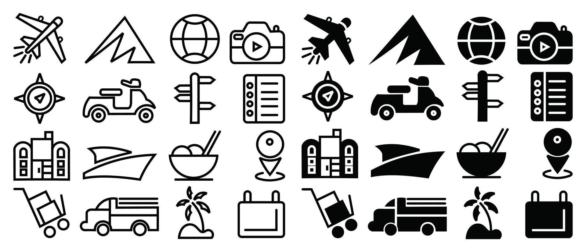 ligne épaisse de voyage de tourisme de vacances, icônes de voyage définies collection d'icônes simples de tourisme vecteur