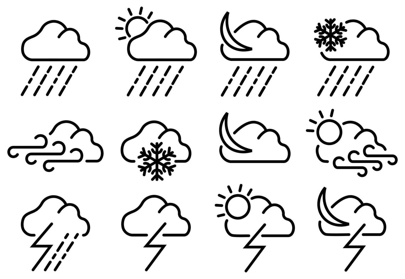 Météo symboles vectoriels plats, prévisions météo - ensemble d'icônes web contour vecteur