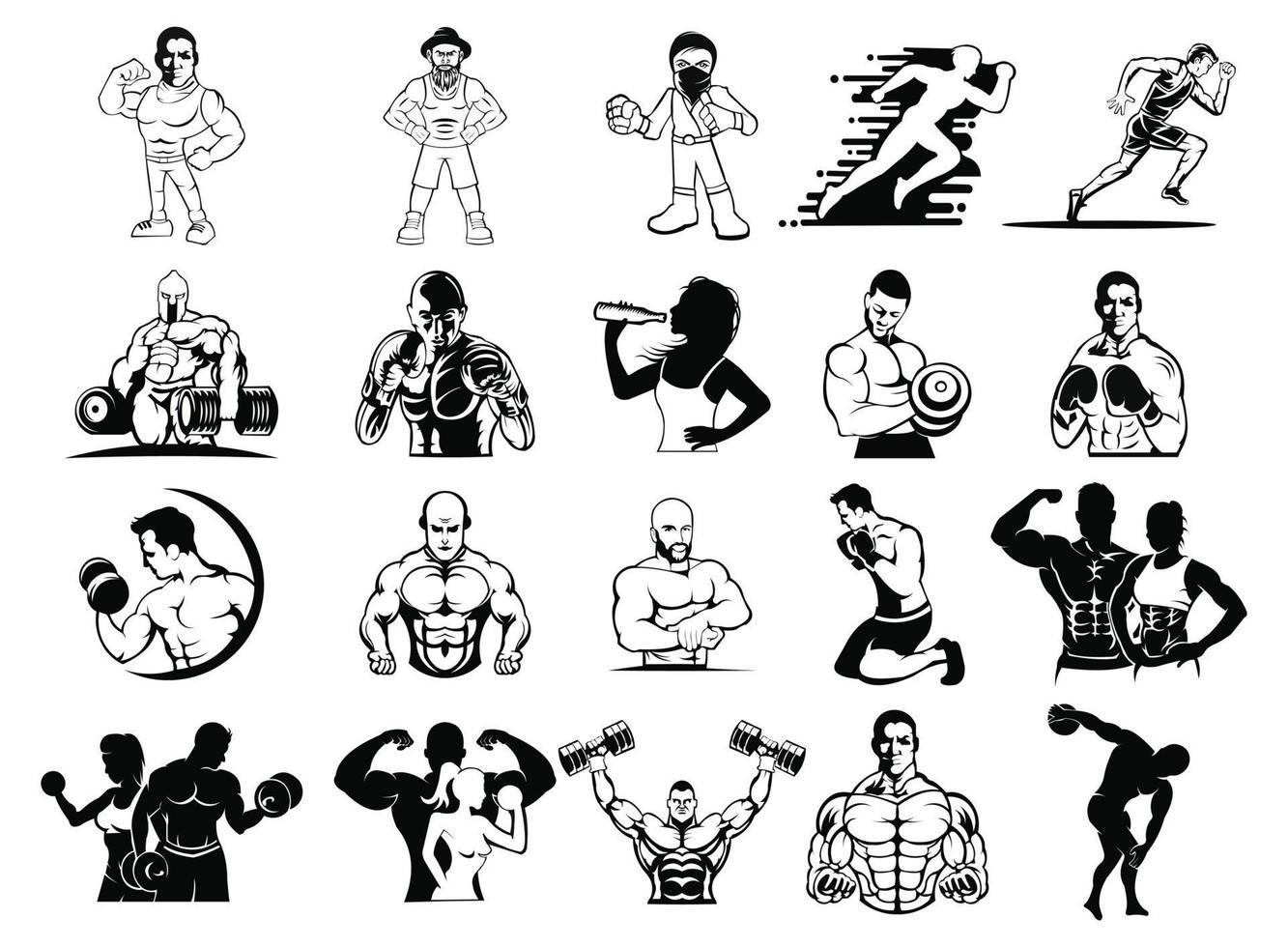 forme physique, logo de salle de sport, bodybuilder avec de gros muscles posant, silhouette vectorielle isolée, vue de face vecteur