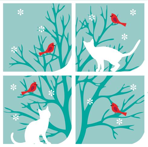 chats au graphique de la fenêtre avec des cardinaux et des flocons de neige vecteur