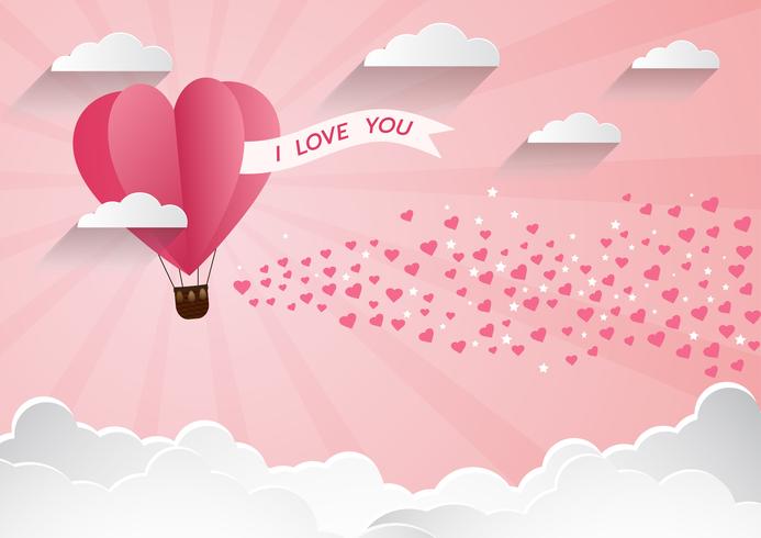 Amour et Saint Valentin, Origami a créé une montgolfière survolant les nuages avec un cœur flottant sur le ciel. vecteur