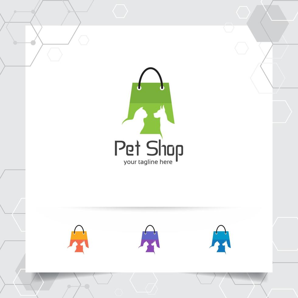 concept de conception de logo de sac à provisions d'icône de boutique en ligne et vecteur d'animal de compagnie utilisé pour le marchand, l'animalerie et le supermarché.