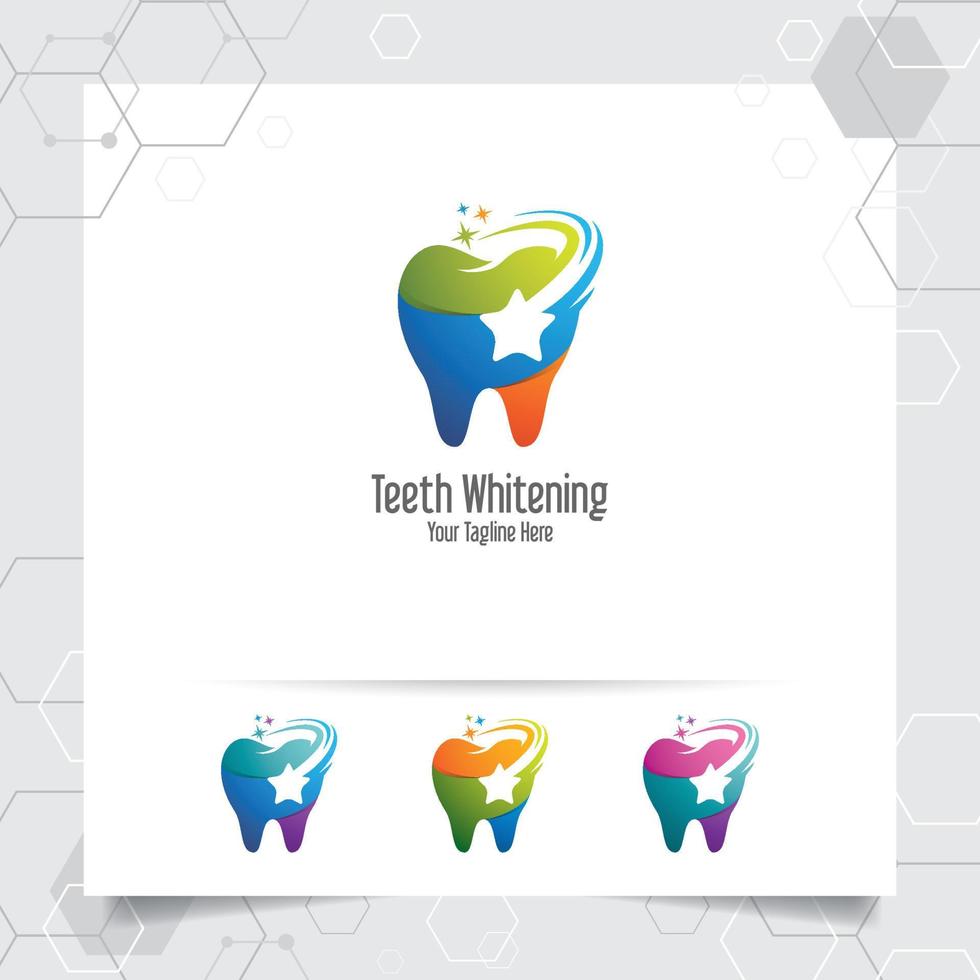 conception de vecteur de dentiste logo dentaire avec concept de symbole étoile et icône de dent. soins dentaires pour l'hôpital, le médecin, la clinique et la santé.