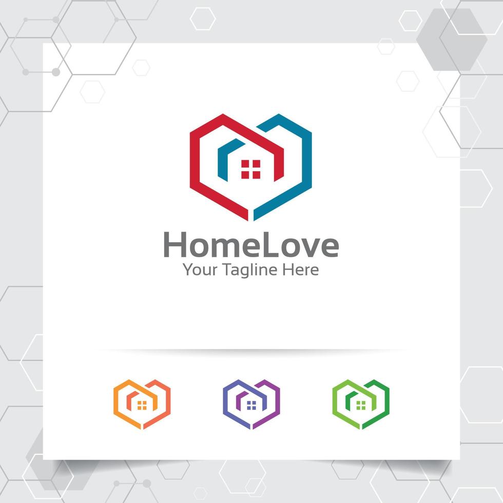 concept de conception de logo maison maison d'icône de vecteur de coeur d'amour. logo immobilier et immobilier pour la construction, l'entrepreneur, l'architecte et la maison de location.