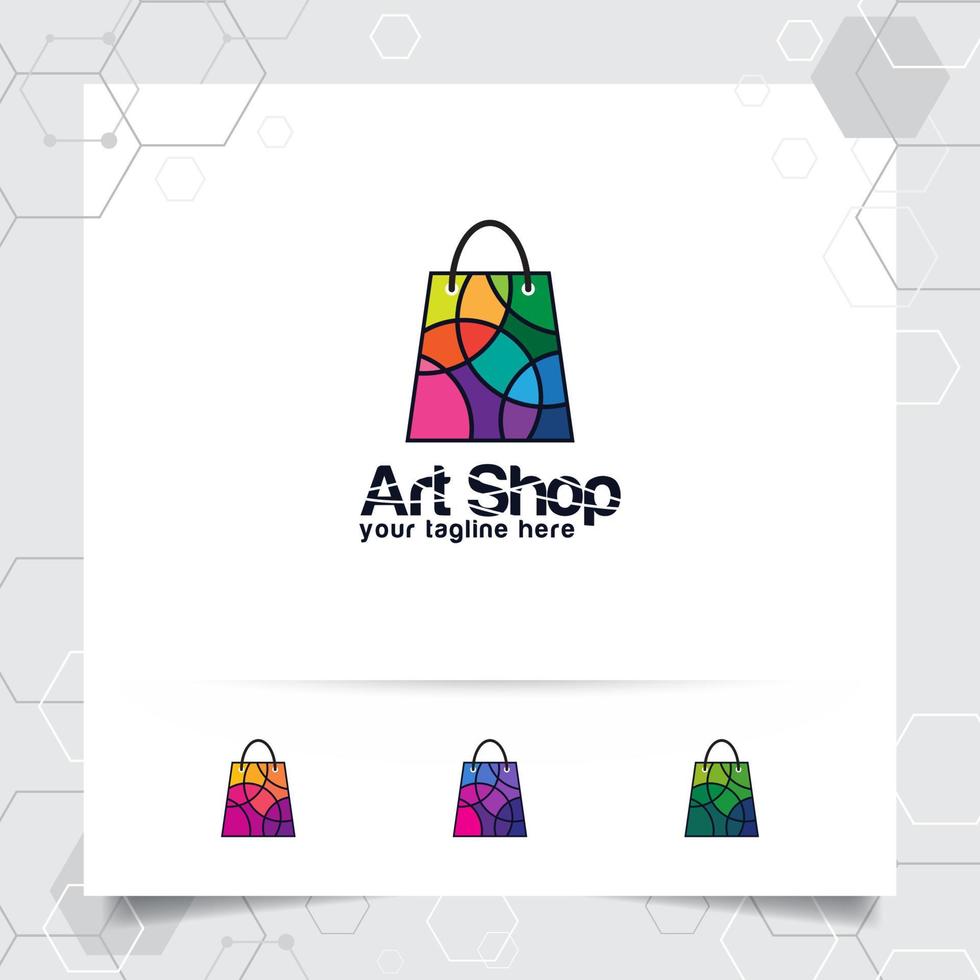 concept de conception de logo de sac à provisions d'icône de boutique en ligne et vecteur géométrique coloré utilisé pour le magasin d'appareils photo, le commerce électronique et le supermarché.