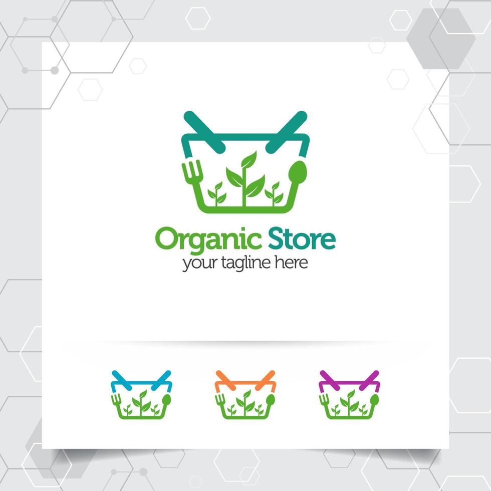 concept de conception de logo de panier d'achat d'icône de boutique en ligne et vecteur de légumes biologiques utilisé pour les marchands, le commerce électronique et les supermarchés.