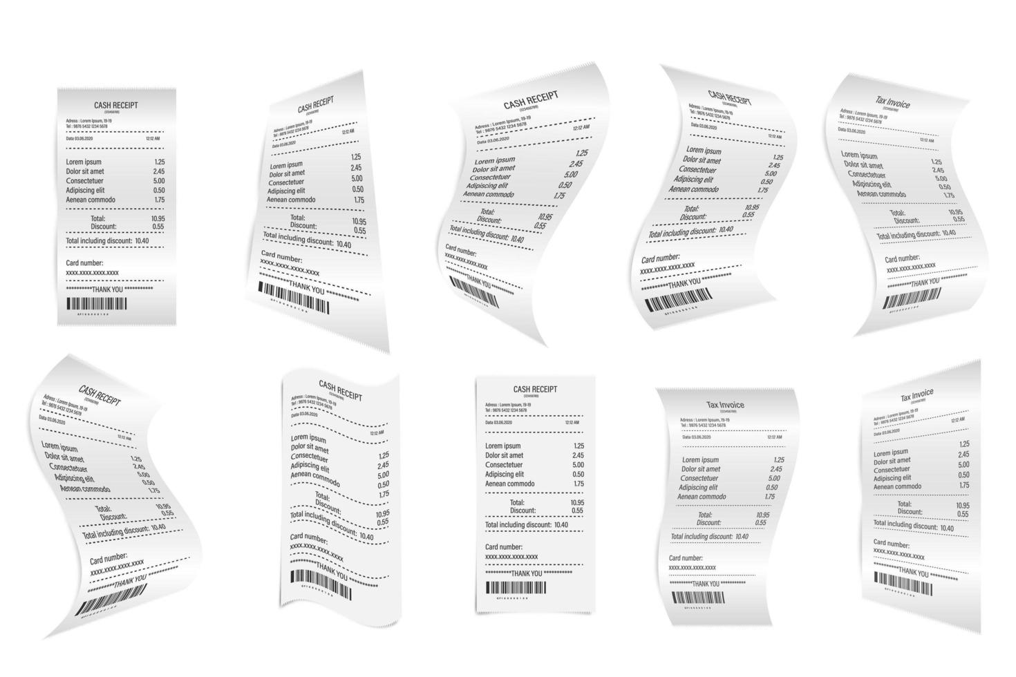 Reçus de vente de magasin de papier 3d réalistes vectoriels imprimés en gros plan isolés sur fond blanc. modèle de conception de billets de banque, reçu, contrôle financier papier pour maquette. vue d'en-haut vecteur