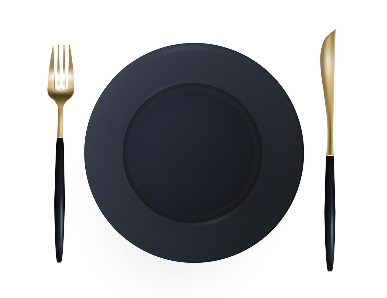 plaque noire avec couteau et fourchette avec une teinte dorée. isolé sur fond blanc. décoration design alimentaire. réaliste. vecteur