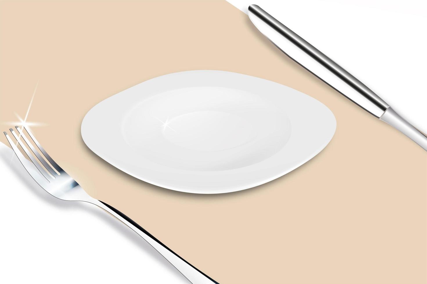 assiette servie avec une fourchette et un couteau sur une toile beige avec une ombre. Illustration vectorielle 3D de la conception du restaurant, café. vecteur