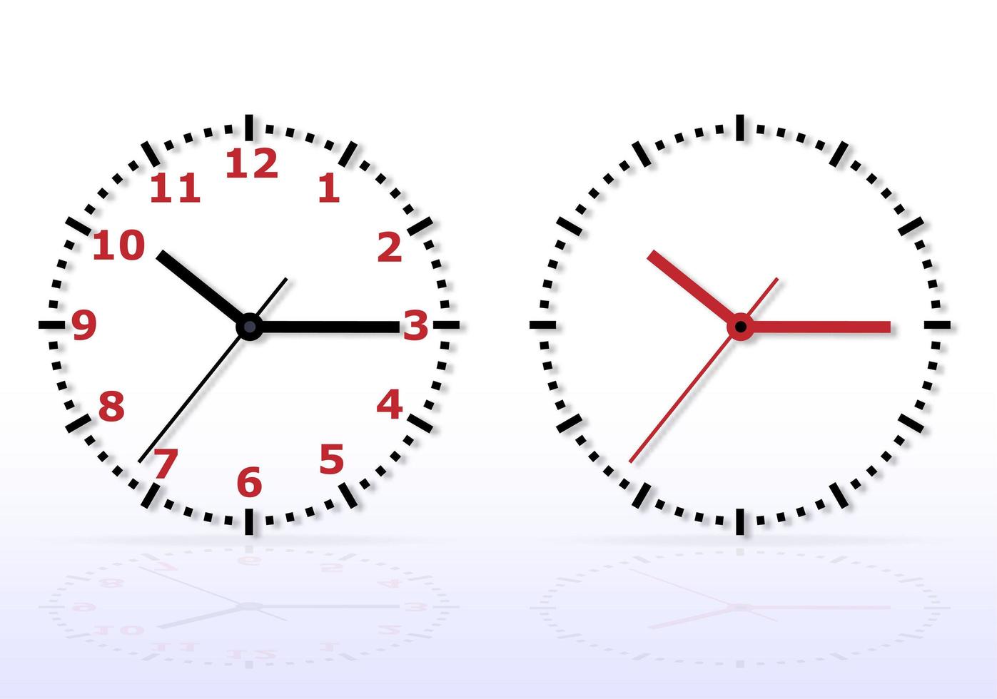 Vector horloge murale simple classique isolée sur blanc avec ombre et réflexion. modèle de conception. dans les tons rouge et noir. premier plan