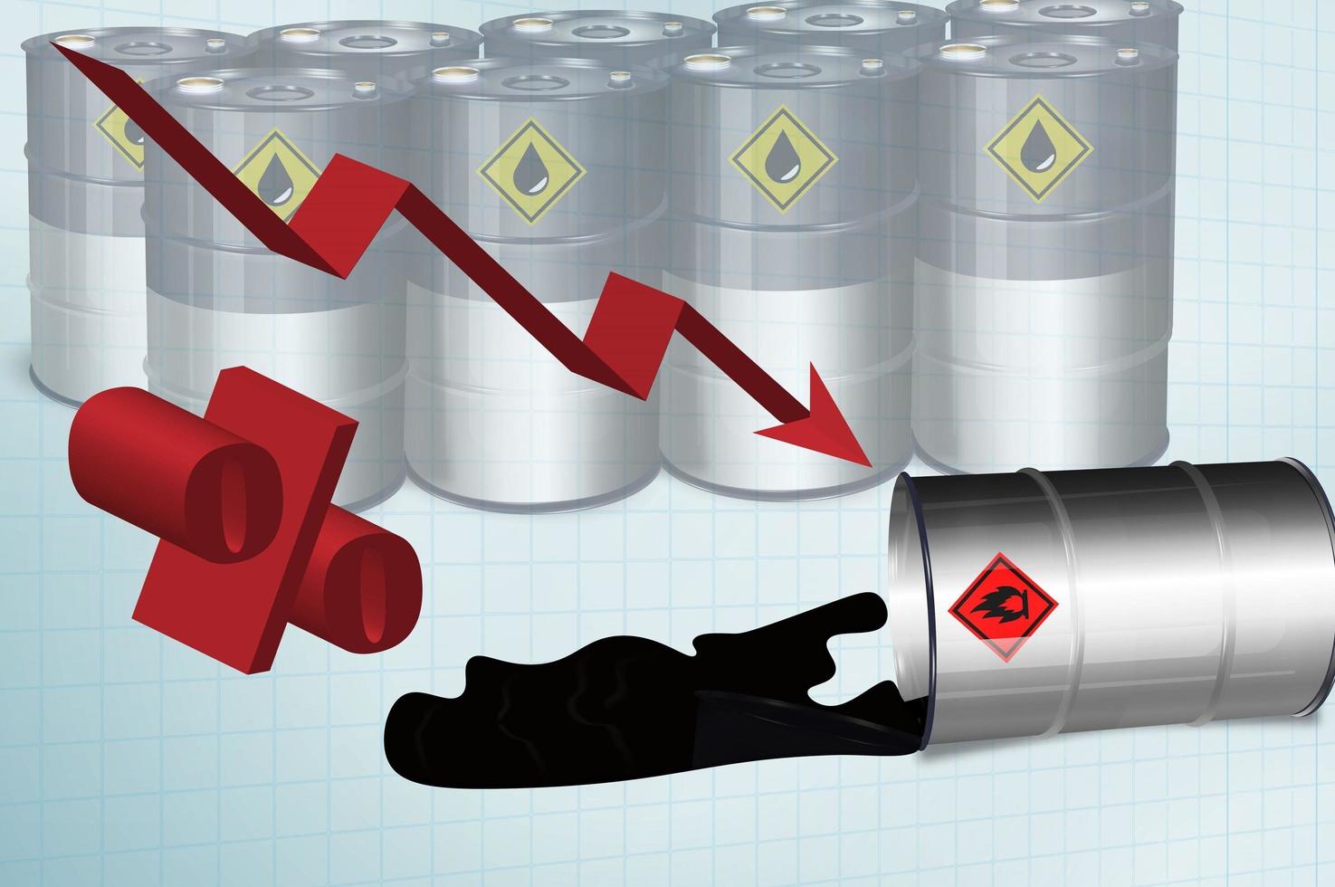 graphique de baril de pétrole avec une flèche rouge pointant vers le bas. illustration vectorielle. vecteur