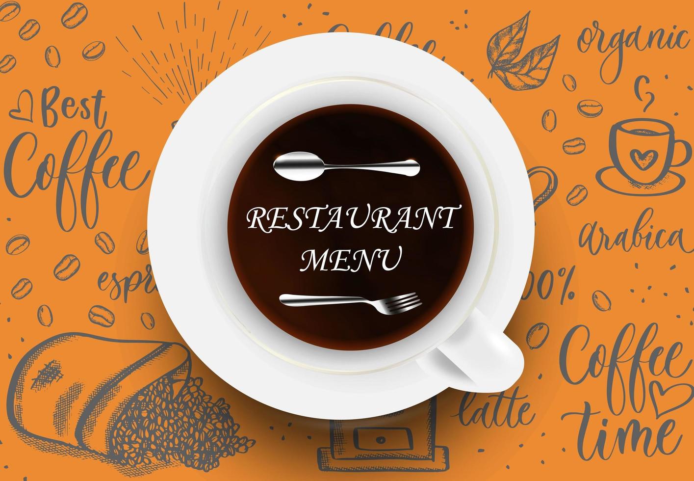 menu du restaurant, conception de café de couleur orange avec une tasse en porcelaine et une silhouette de fourchette et de cuillère. substrat de fond dans un thème café. pour la décoration, la conception. vecteur