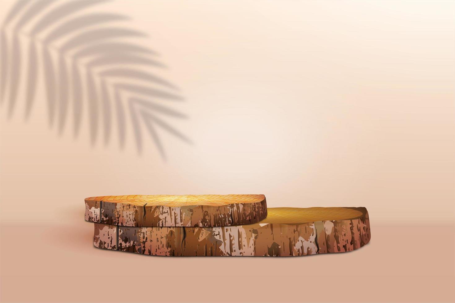 deux coupes de scie en bois rondes sur fond beige avec l'ombre d'un palmier. podium géométrique, piédestal, scène. modèle vide pour la présentation de produits cosmétiques écologiques vecteur