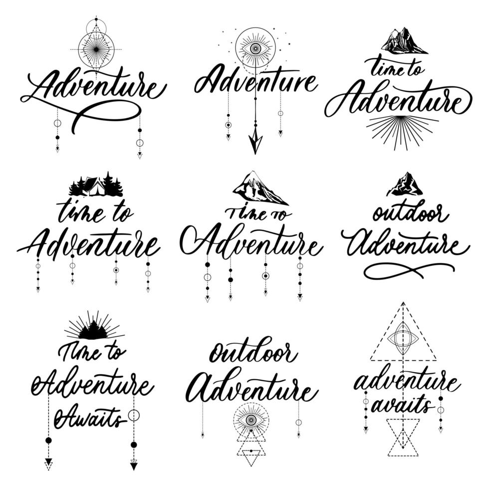 insignes de jeu de lettrage d'aventure avec des illustrations. logotype vintage avec montagnes et flèches. vecteur