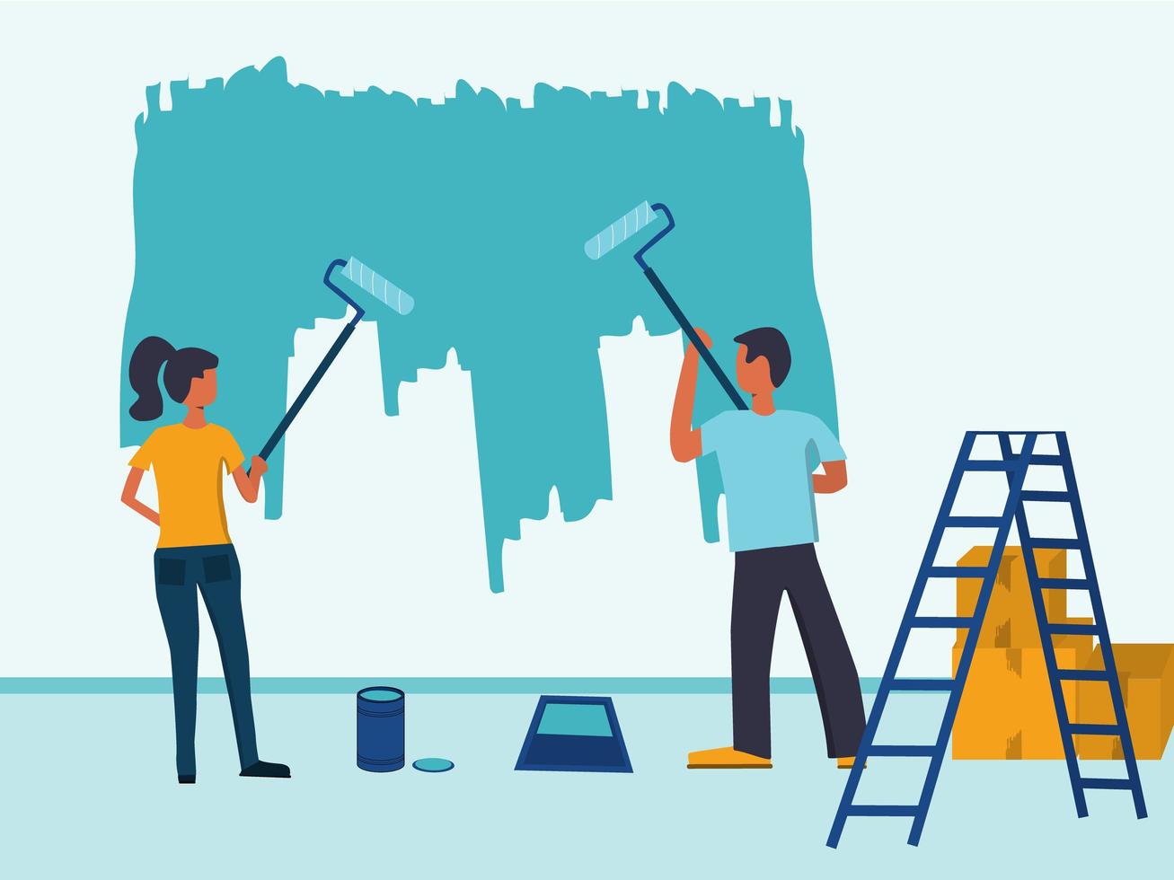 mur de peinture homme et femme. illustration dans le thème ''réparation domiciliaire'' ou ''rénovation domiciliaire'' vecteur