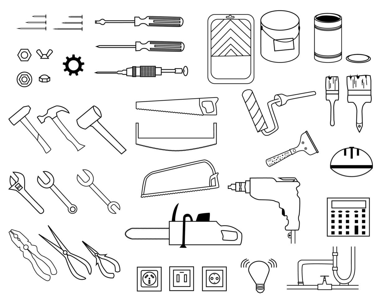 Jeu d'icônes de grande ligne de réparation à domicile avec différents outils de travail. illustration pour le thème de réparation, style doodle vecteur