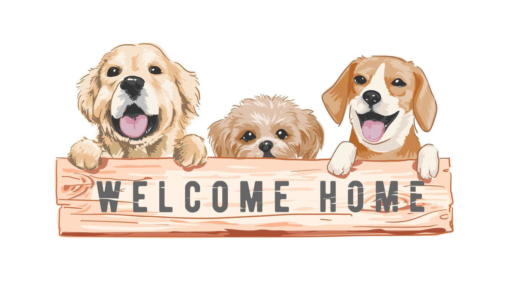 Mignons petits chiens avec illustration vectorielle de panneau de bois de bienvenue à la maison vecteur