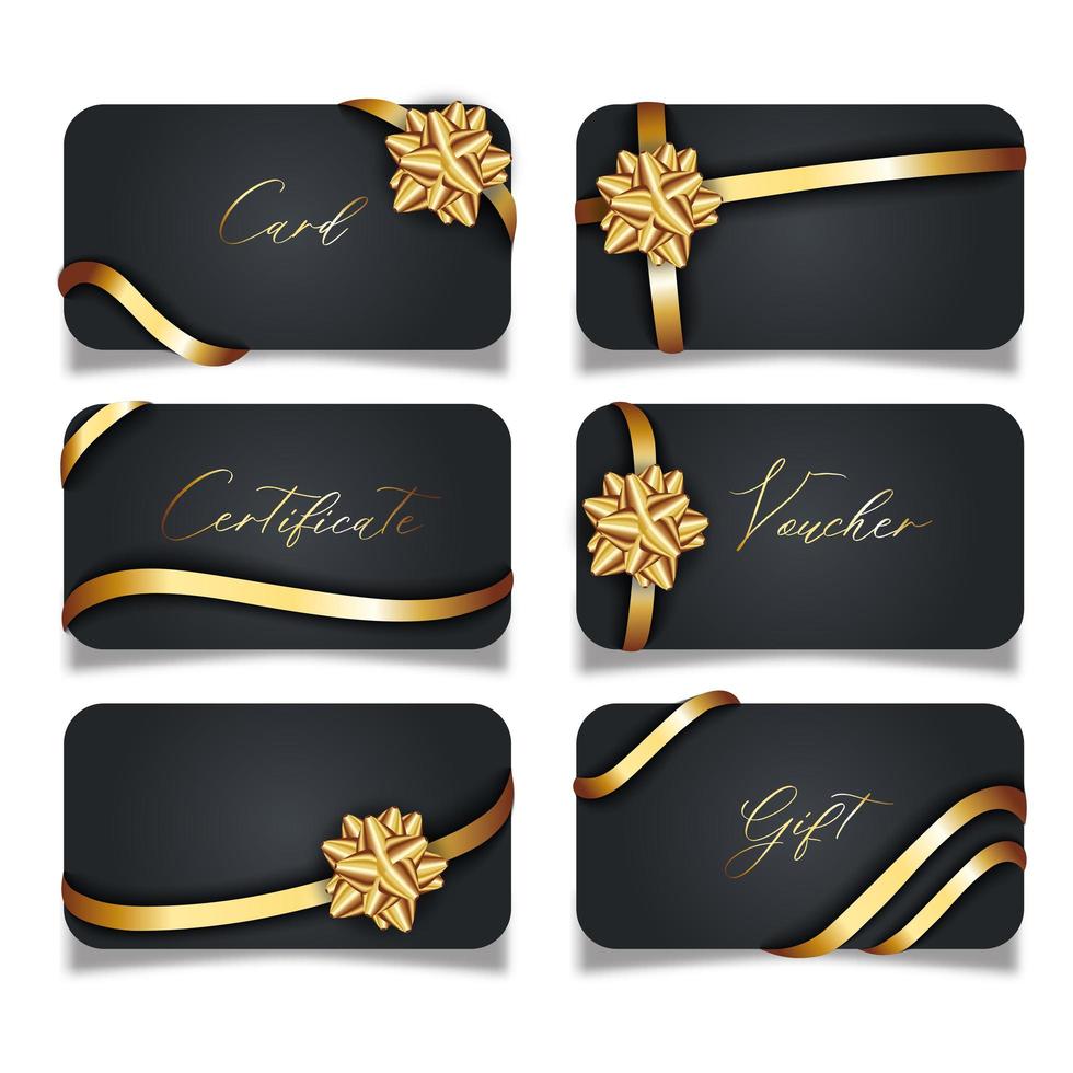 ensemble de cartes noires de luxe avec des arcs cadeaux en or avec des rubans. vecteur