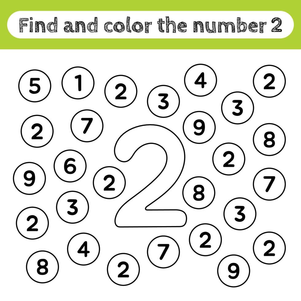 feuilles de travail d'apprentissage pour les enfants, trouver et colorier des nombres. jeu éducatif pour reconnaître la forme du chiffre 2. vecteur