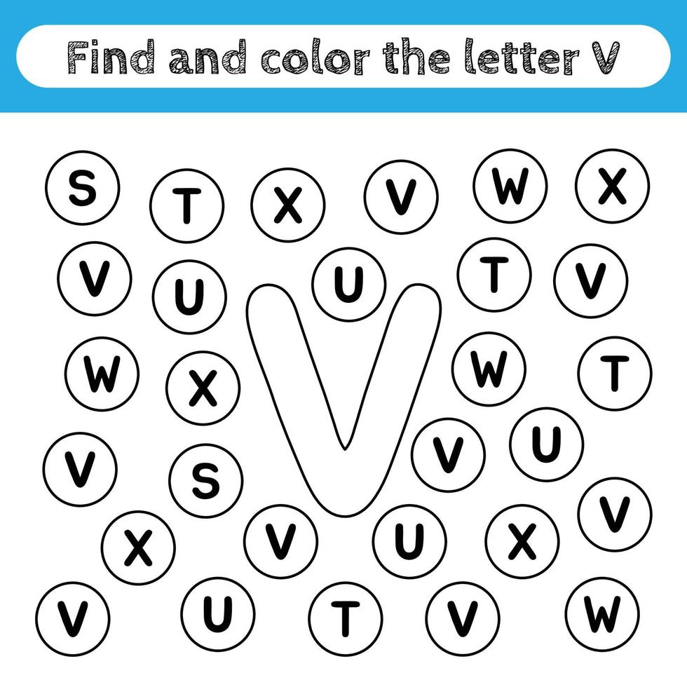 feuilles de travail d'apprentissage pour les enfants, trouver et colorier des lettres. jeu éducatif pour reconnaître la forme de l'alphabet. lettre v. vecteur