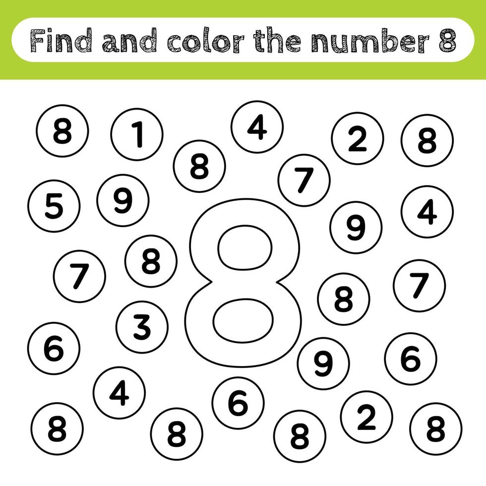 feuilles de travail d'apprentissage pour les enfants, trouver et colorier des nombres. jeu éducatif pour reconnaître la forme du chiffre 8. vecteur