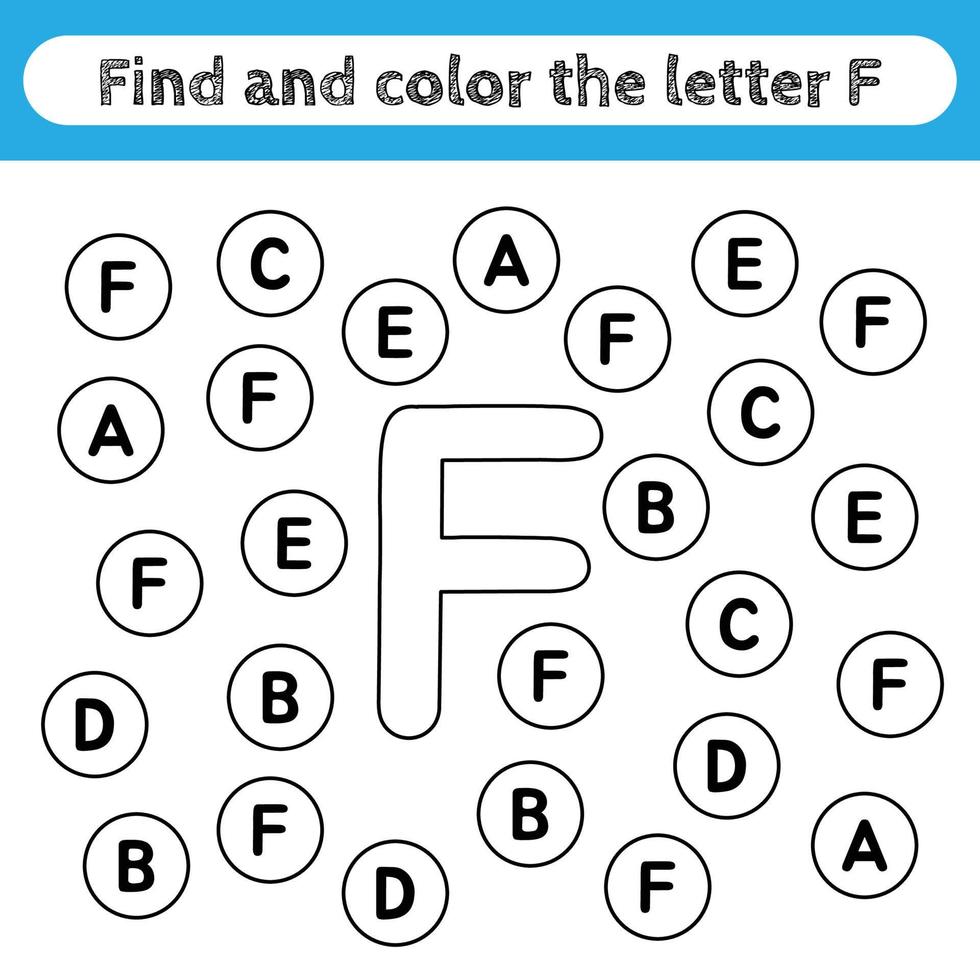 feuilles de travail d'apprentissage pour les enfants, trouver et colorier des lettres. jeu éducatif pour reconnaître la forme de l'alphabet. lettre f. vecteur