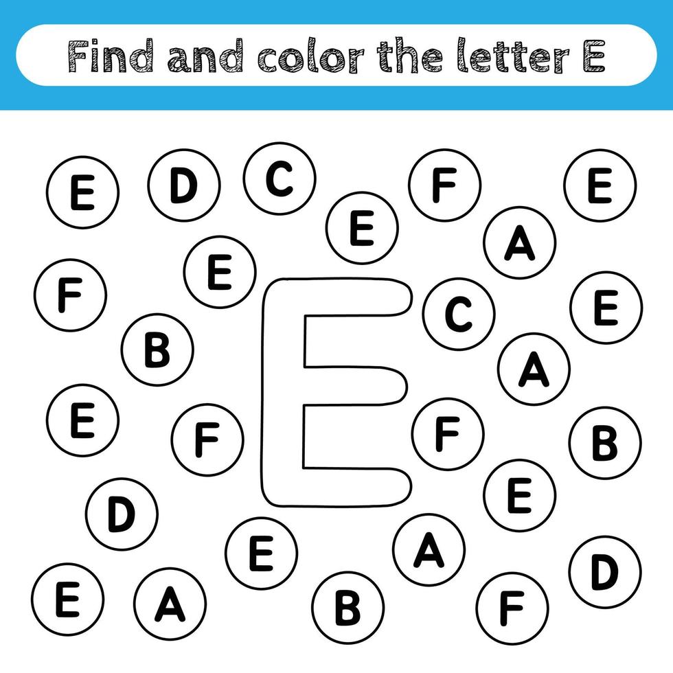 feuilles de travail d'apprentissage pour les enfants, trouver et colorier des lettres. jeu éducatif pour reconnaître la forme de l'alphabet. lettre e. vecteur