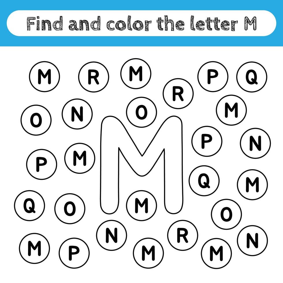 feuilles de travail d'apprentissage pour les enfants, trouver et colorier des lettres. jeu éducatif pour reconnaître la forme de l'alphabet. lettre m. vecteur