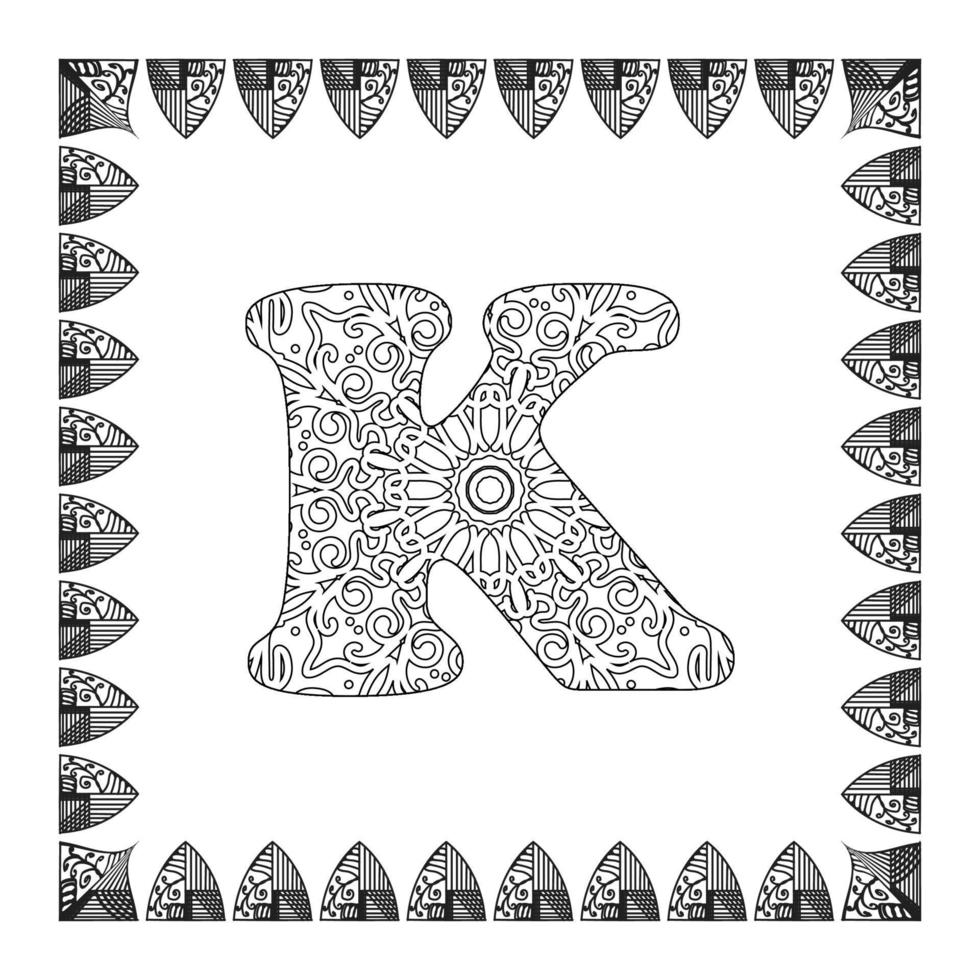 lettre k avec fleur de mandala. ornement décoratif dans un style oriental ethnique. page de livre de coloriage. vecteur