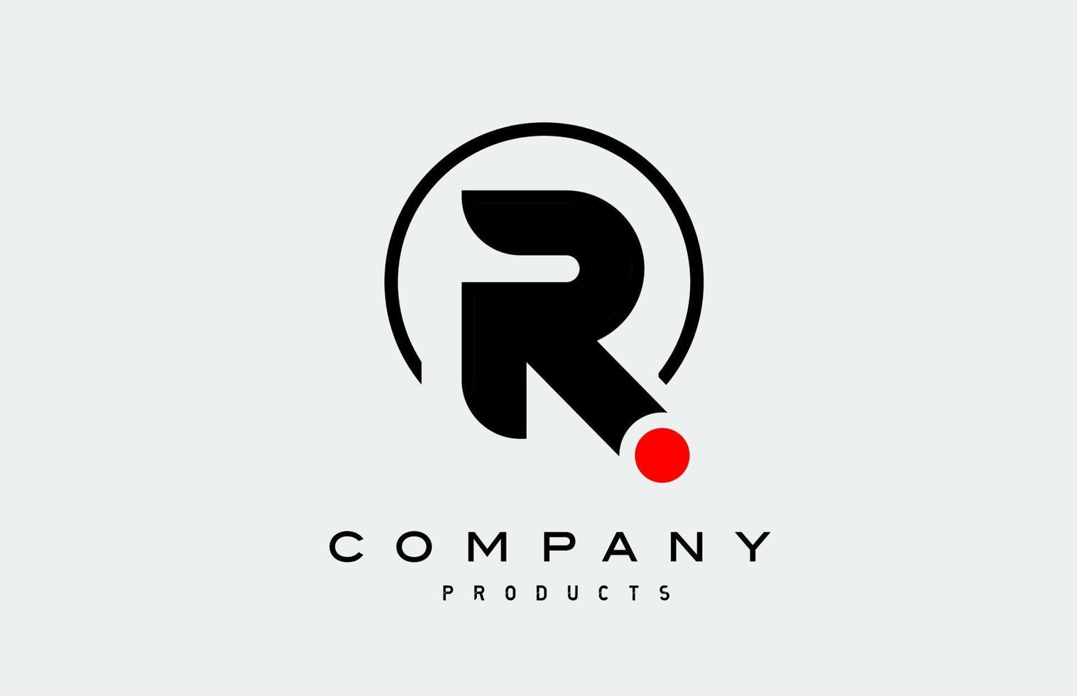 r icône de lettre de logo alphabet blanc noir avec cercle et point rouge vecteur