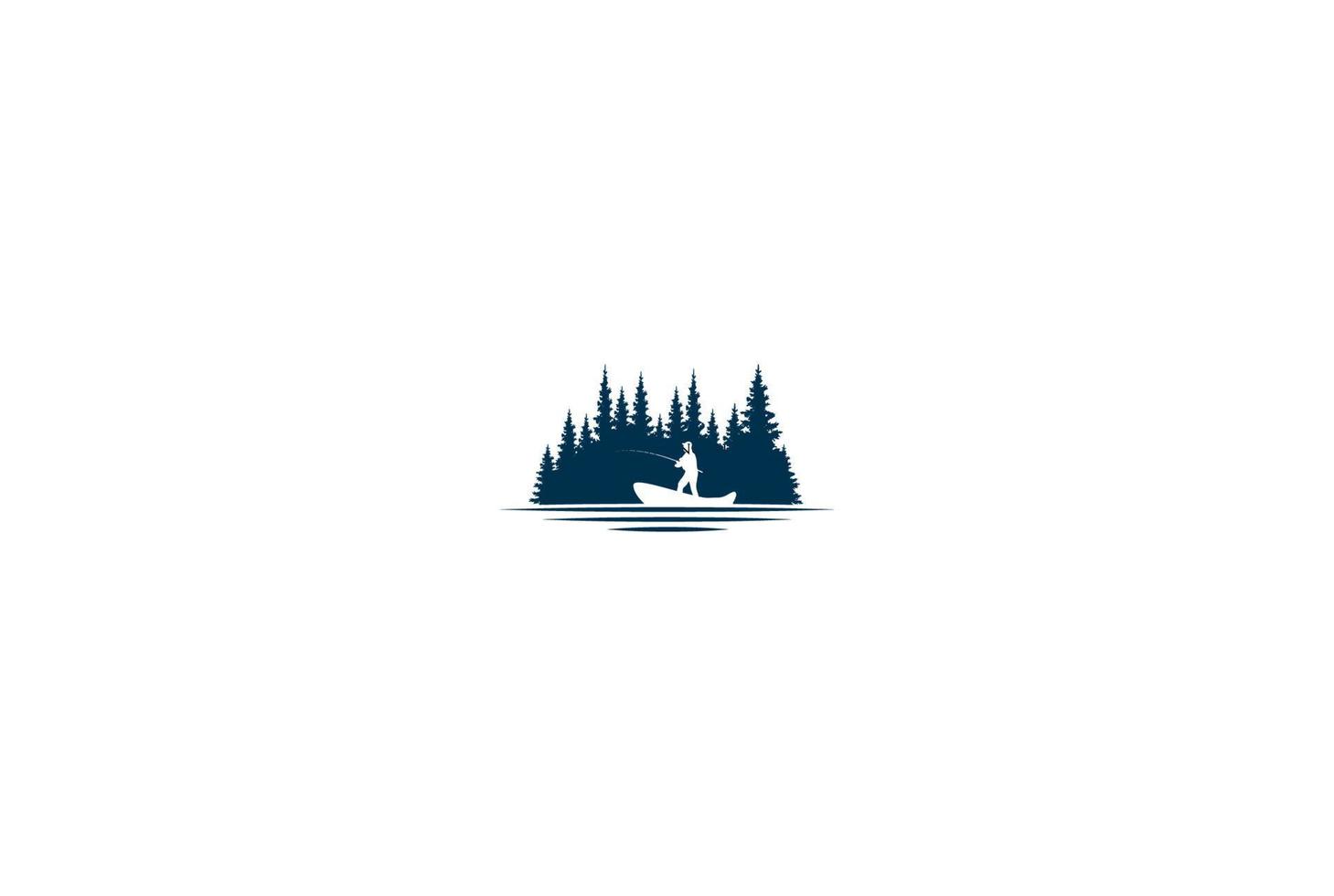 pin cèdre conifère conifère à feuilles persistantes sapin mélèze cyprès pruche tress forêt avec pêcheur homme bateau pêche aventure en plein air conception de logo vecteur