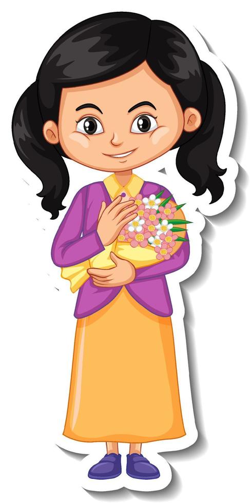 une fille tenant un personnage de dessin animé de bouquet de fleurs vecteur