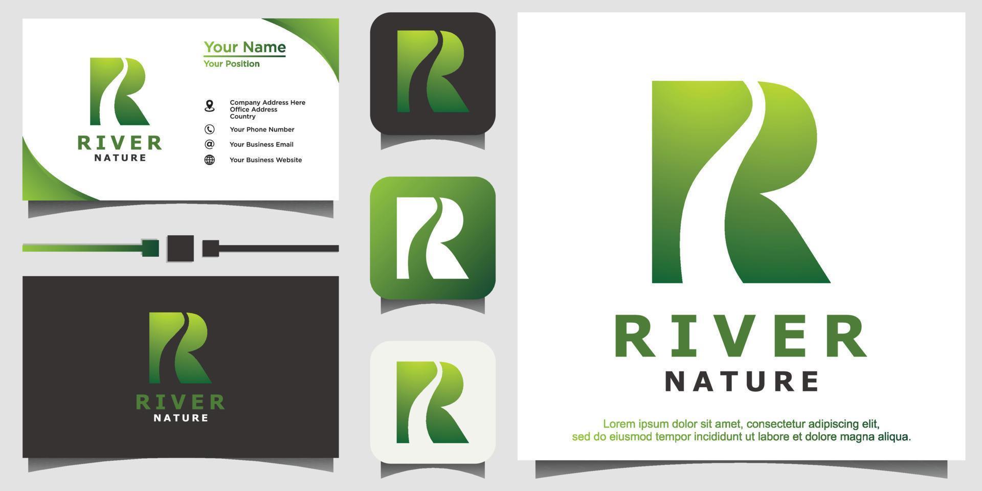 nature de la rivière avec le vecteur de conception de logo r initial