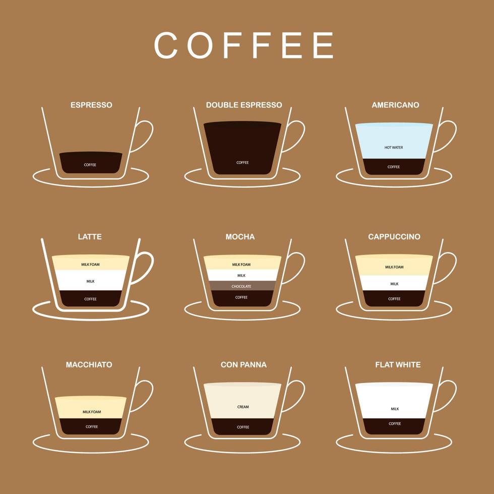 illustration du menu café chaque type de préparation de café, isolé avec fond. vecteur