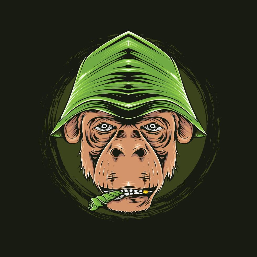 illustration de détail de tête de singe fumant et portant un chapeau vecteur