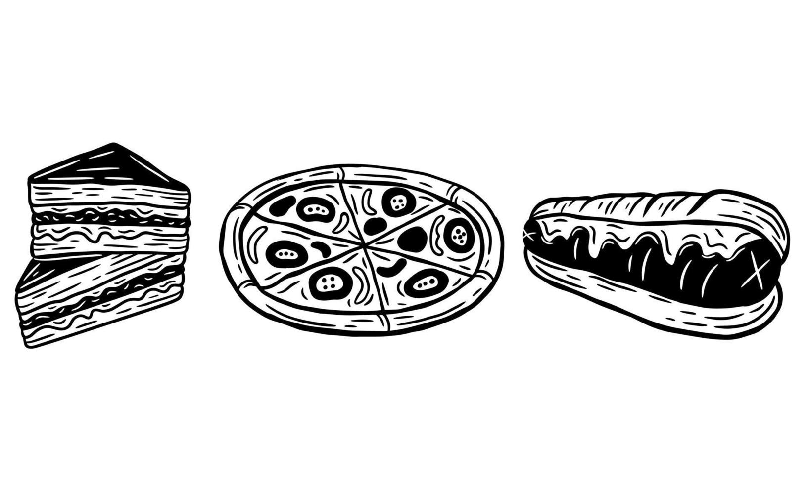 main dessinée pizza hotdog sandwich fromage restauration rapide emballage menu café restaurants illustration vecteur