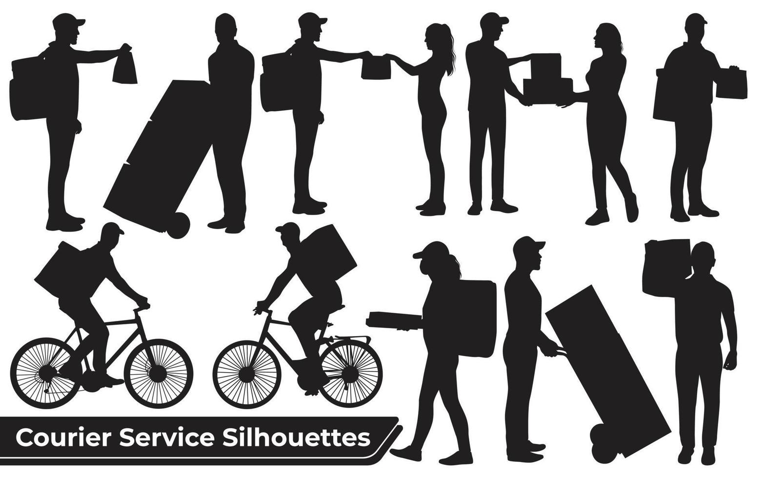 silhouettes de service de messagerie et livreur portant des boîtes vecteur