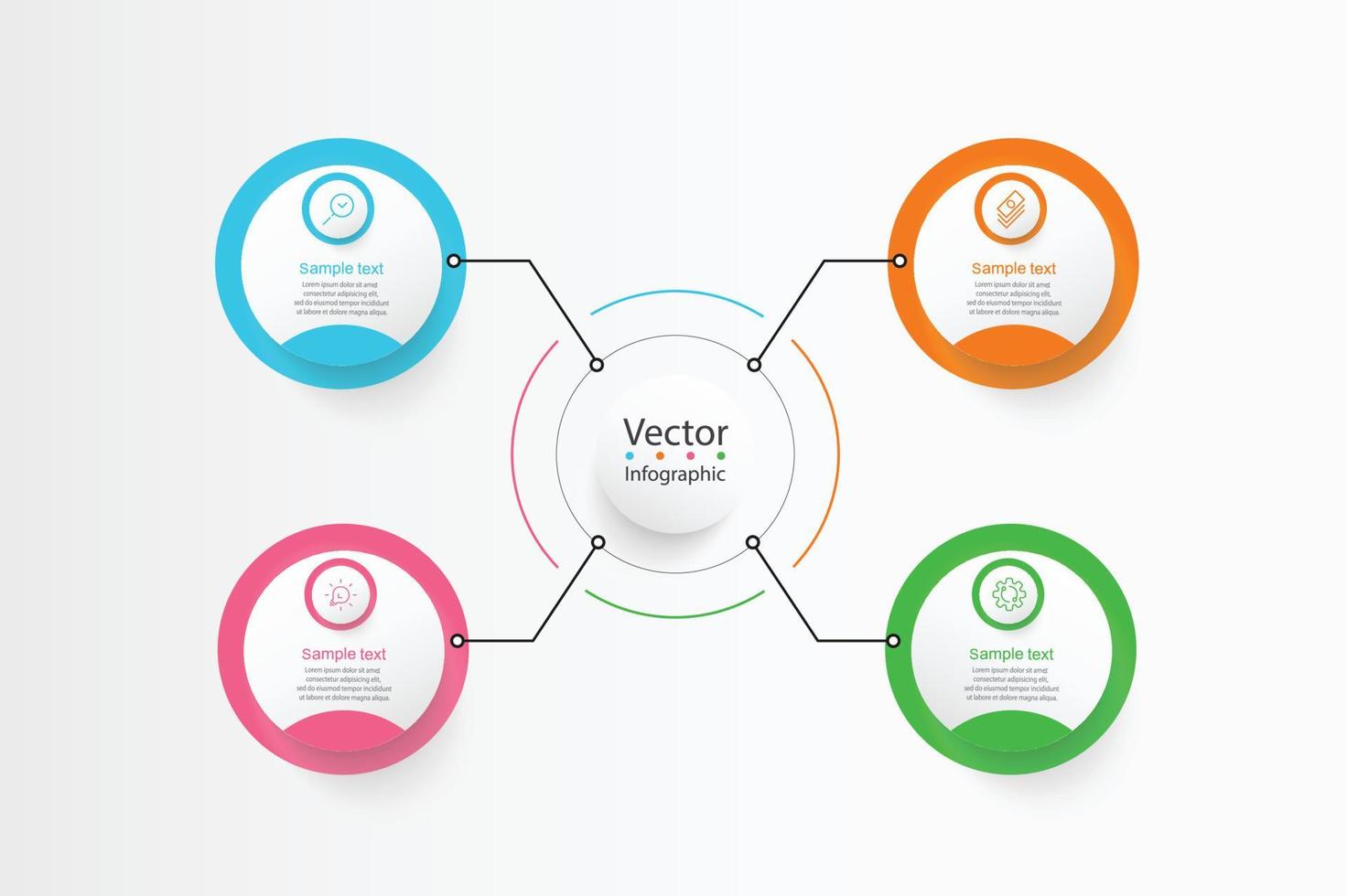 modèle d'infographie vectorielle avec étiquette en papier 3d, cercles intégrés. concept d'entreprise avec 4 options. pour le contenu, le diagramme, l'organigramme, les étapes, les pièces, l'infographie de la chronologie. vecteur