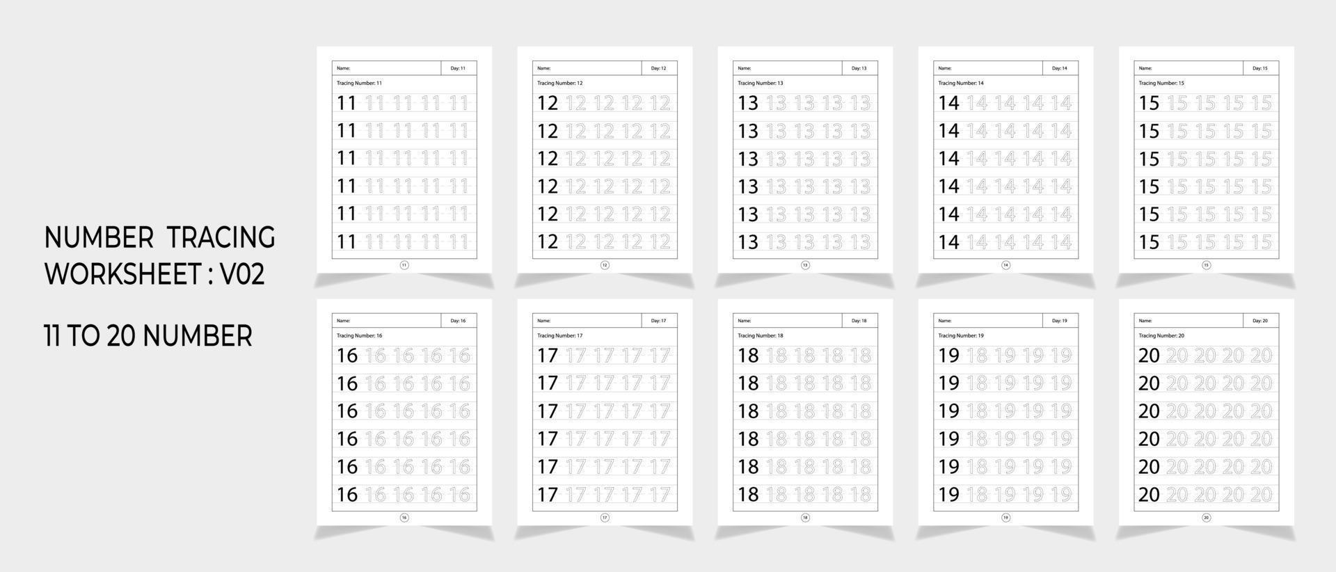 feuilles de calcul de traçage de numéros de maternelle, mathématiques pour la conception de jeux mathématiques éducatifs, feuille de calcul imprimable vecteur