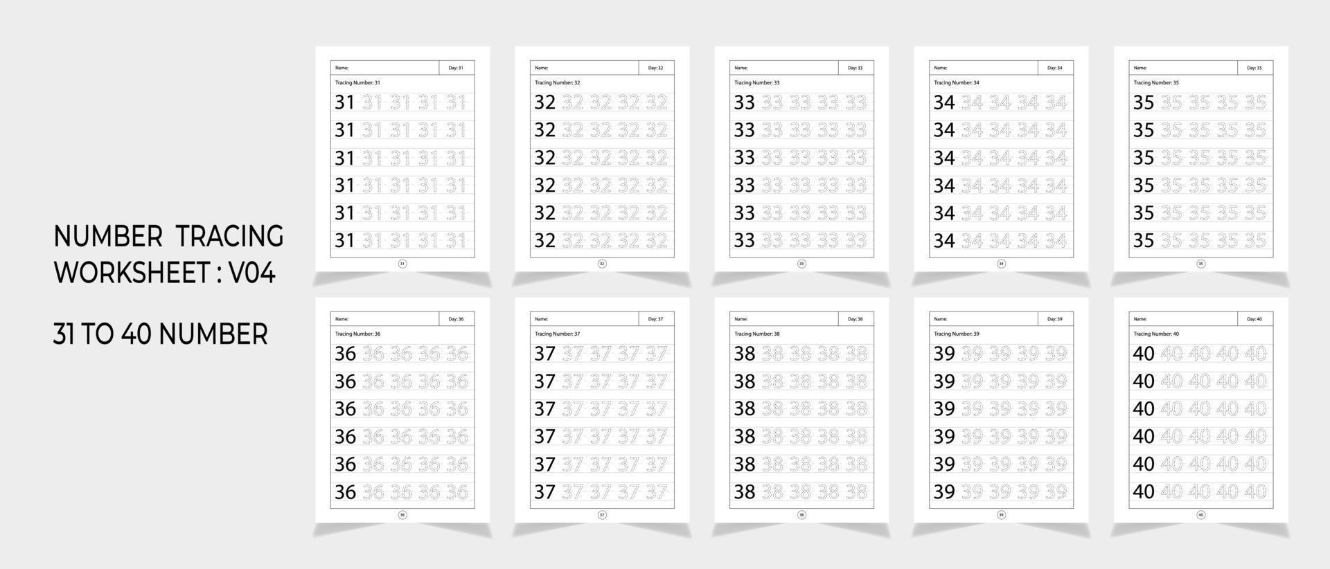 feuilles de calcul de traçage de numéros de maternelle, mathématiques pour la conception de jeux mathématiques éducatifs, feuille de calcul imprimable vecteur