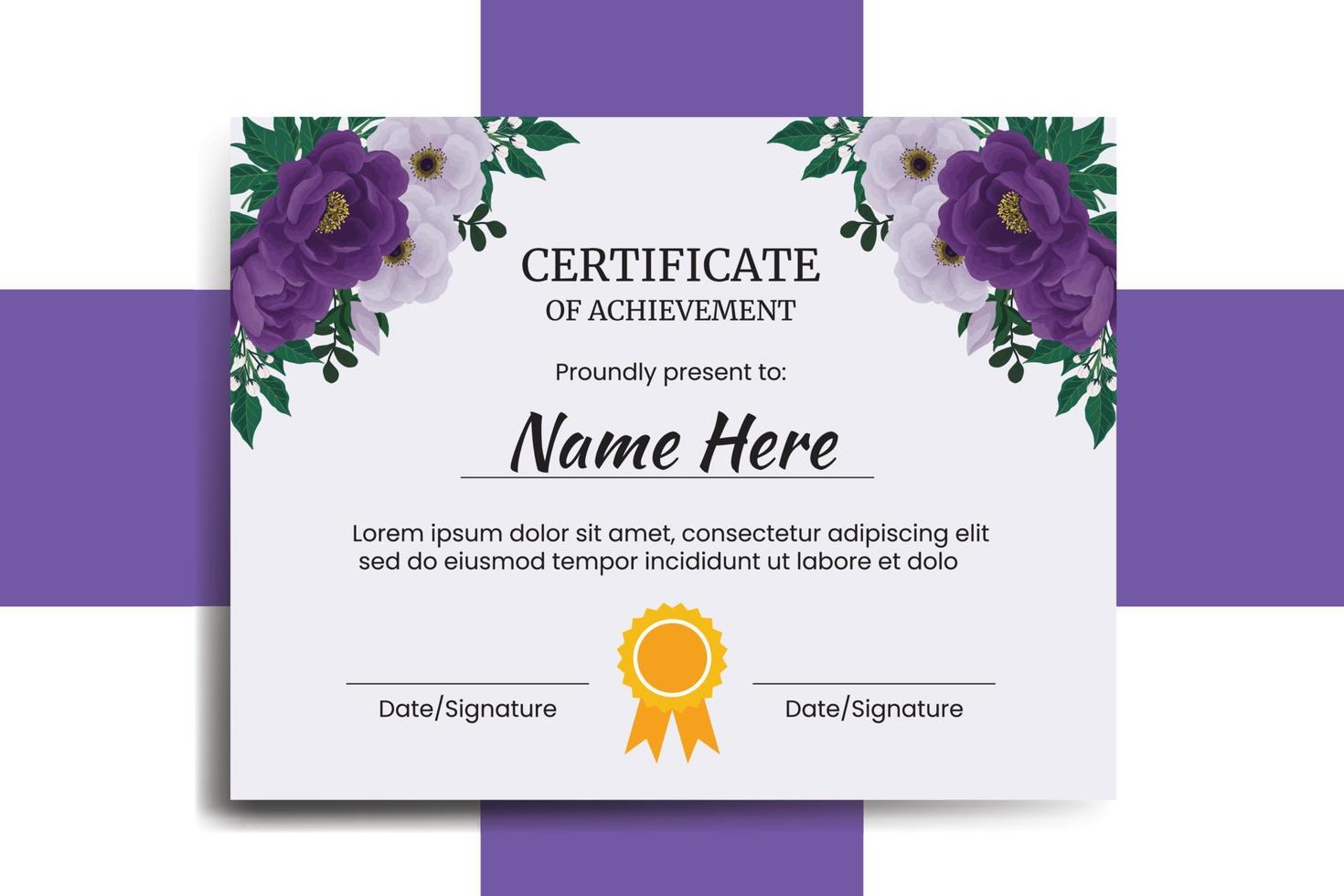 modèle de certificat fleur de pivoine violet aquarelle numérique dessiné à la main vecteur