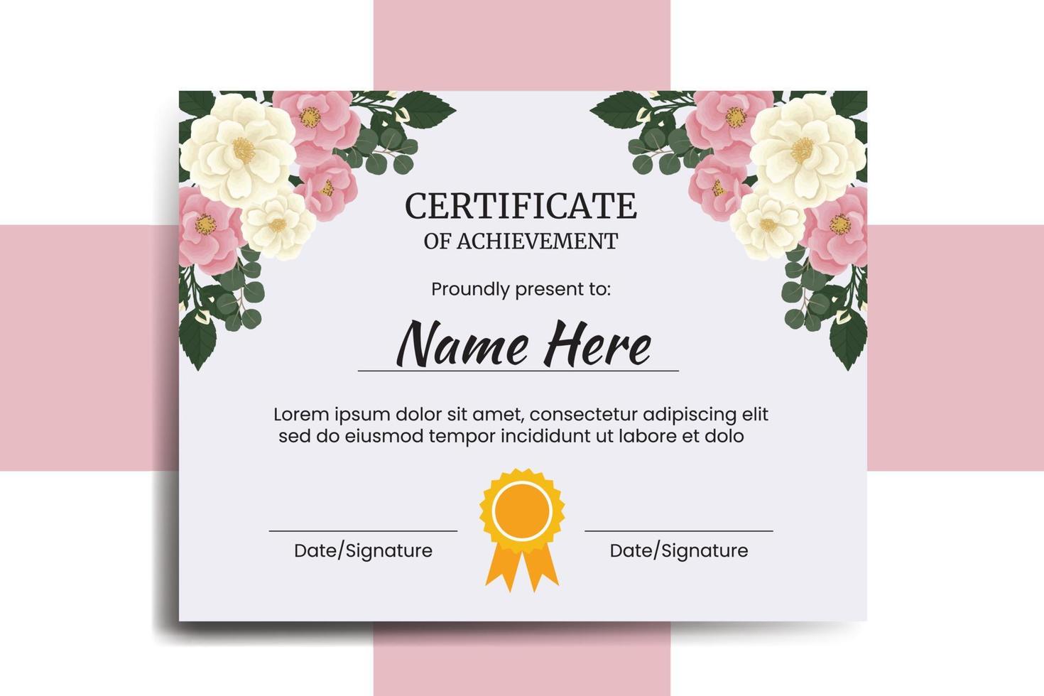 modèle de certificat rose mini rose fleur aquarelle numérique dessiné à la main vecteur