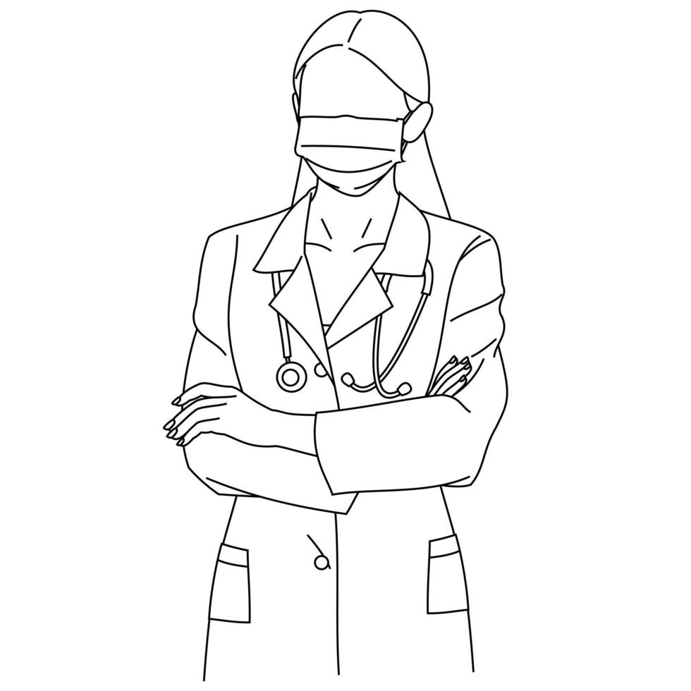 illustration du dessin au trait un beau jeune chirurgien ou infirmière médicale posant portant des gommages uniformes avec les bras croisés ou croisés et un stéthoscope. un portrait d'une femme médecin avec un phonendoscope vecteur