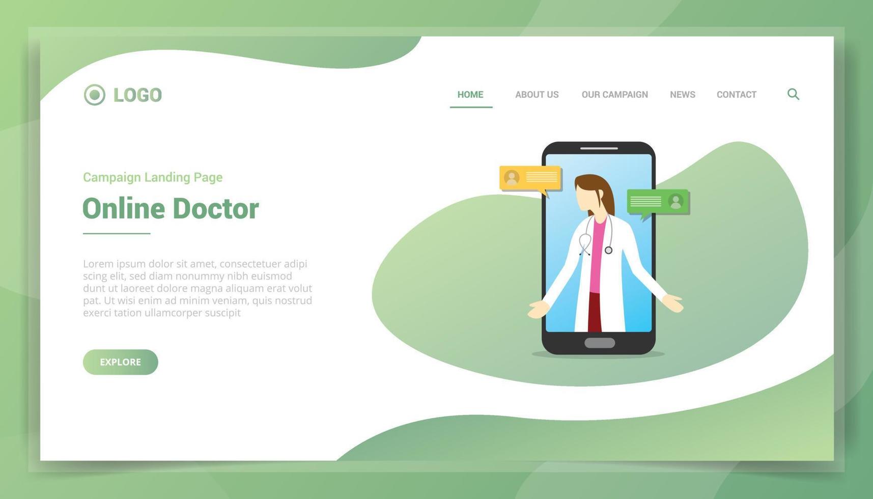 concept de médecin en ligne pour la page d'accueil du modèle de site Web vecteur